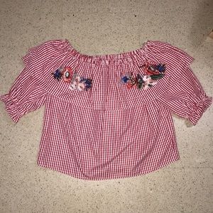 Embroidered Gingham Off-The-Shoulder Top